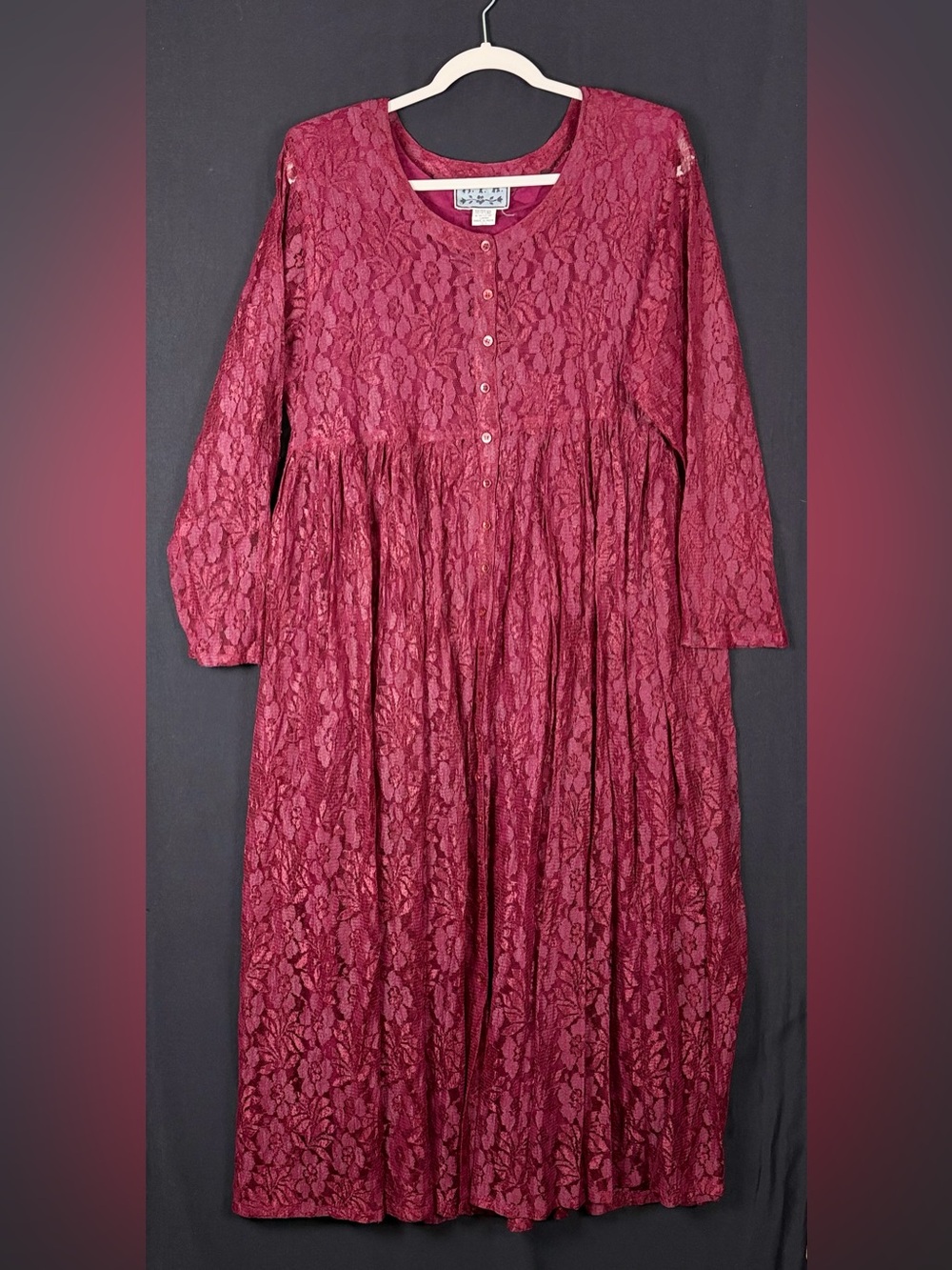 VTG M.P.H. Lace Dress Long Sleeve Burgundy Cotton Lined over sized Festival